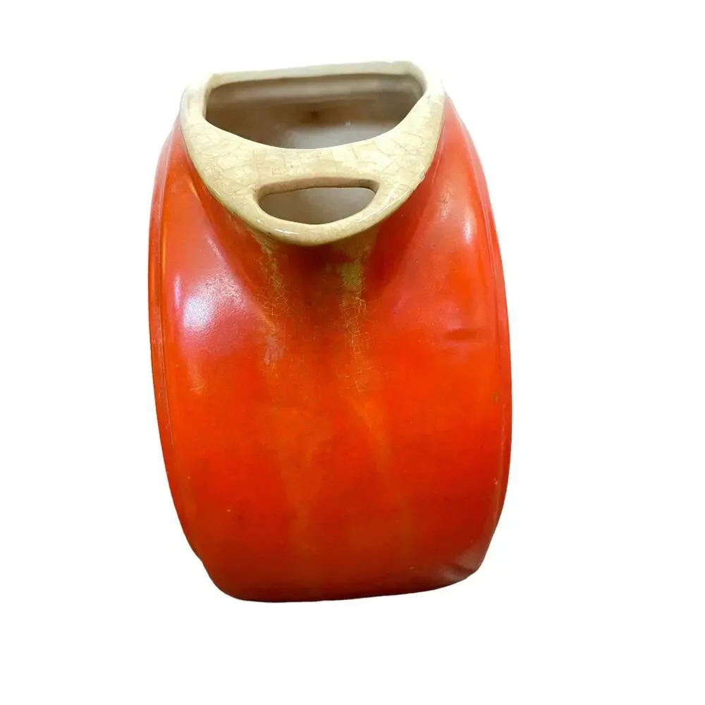 Vintage Disc Pitcher Orange Red Art Deco Poppy Crazing Unmarked 1930s USA READ